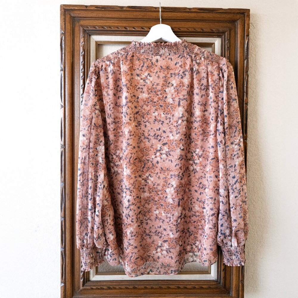 Antonio Melani Womens Blouse Size Large Brown Floral Long Sleeve Smocked Ruffles - Picture 6 of 8